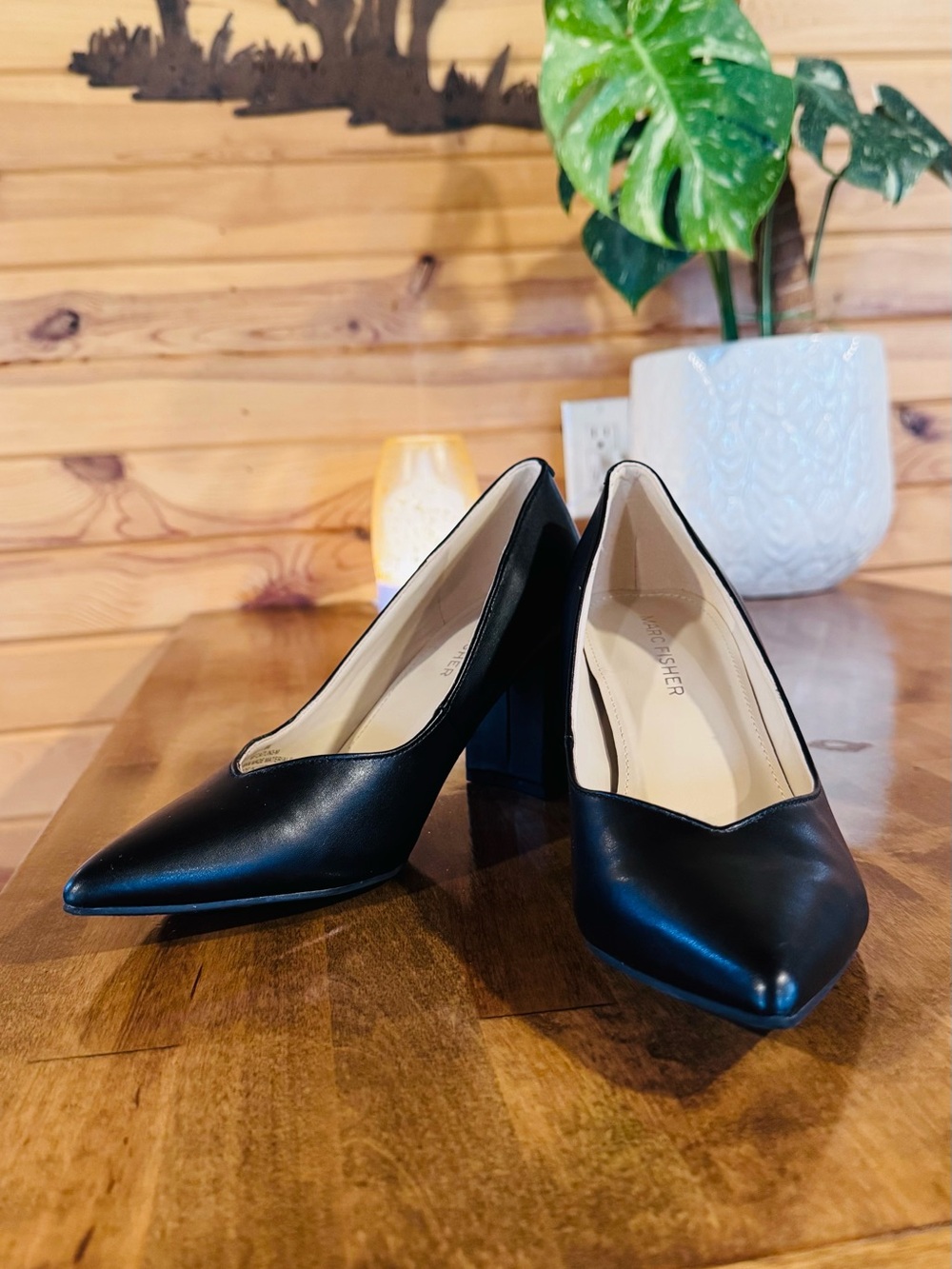 Marc Fisher Black Pointed-Toe Block Heel Pumps